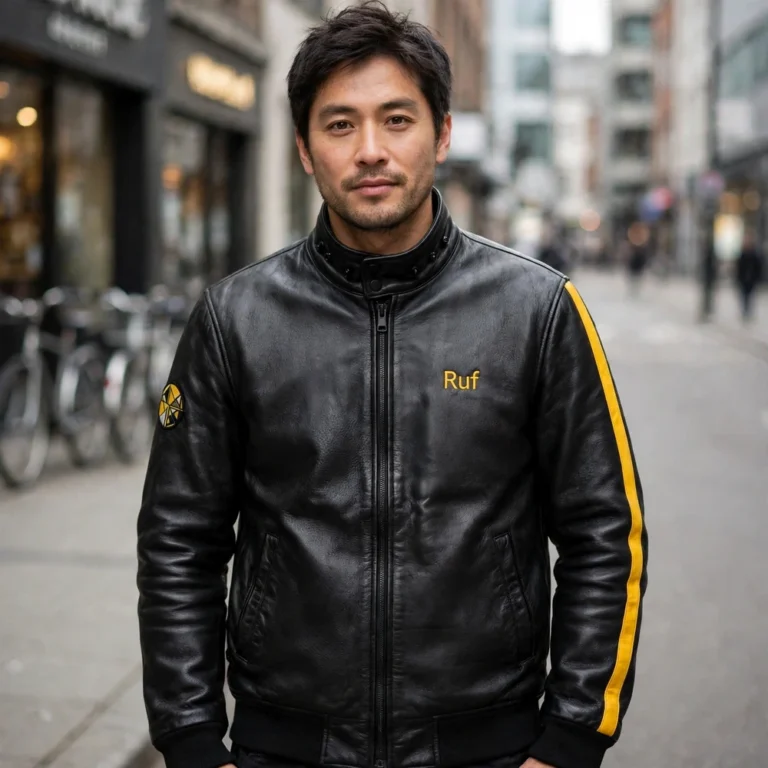 Model wearing the Ruf Leather Jacket, black with yellow stripes racer jacket