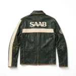 Saab Leather Jacket back view, dark green with cream panels vintage cruiser jacket