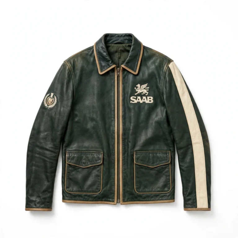 Saab Leather Jacket front view, dark green with cream panels vintage cruiser jacket
