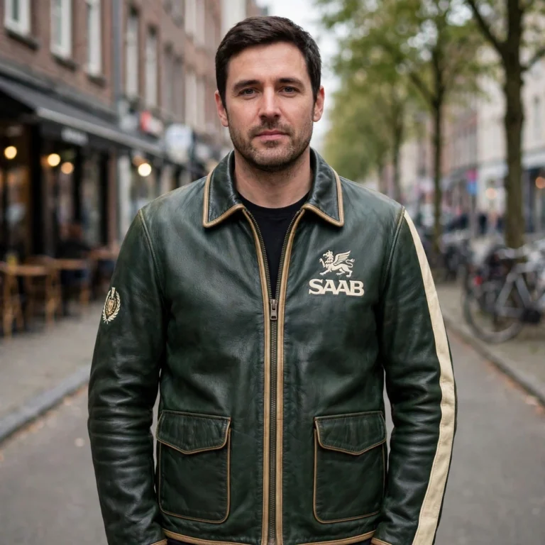 Model wearing the Saab Leather Jacket, dark green with cream panels vintage cruiser jacket