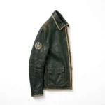 Saab Leather Jacket side view, dark green with cream panels vintage cruiser jacket
