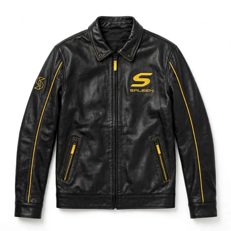 Saleen Leather Jacket front view, black with yellow accents and S-style chest emblem racer jacket