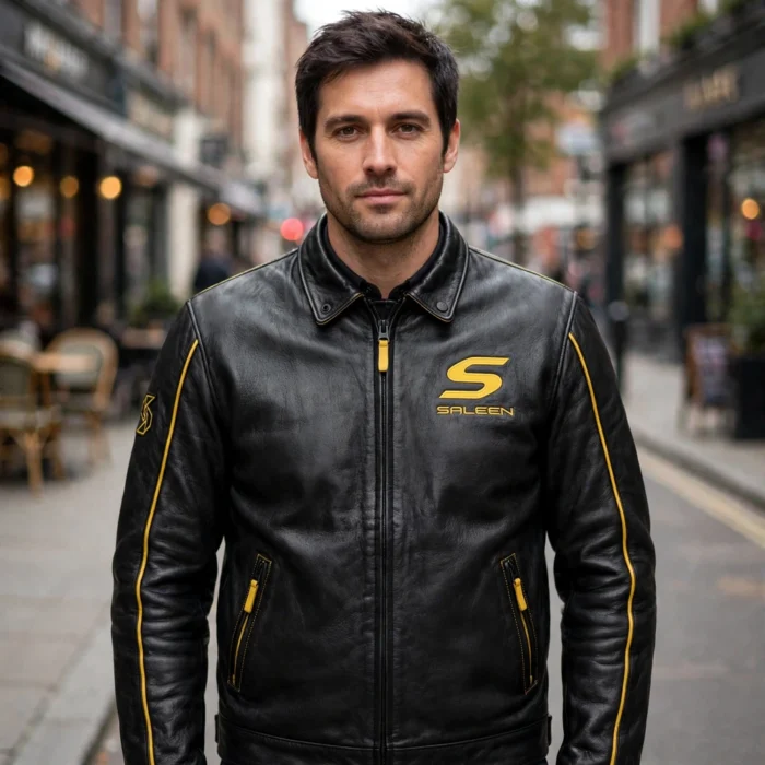 Model wearing the Saleen Leather Jacket, black with yellow accents and S-style chest emblem racer jacket