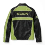 Scion Leather Jacket back view, black with lime-green panels and white trim cruiser jacket