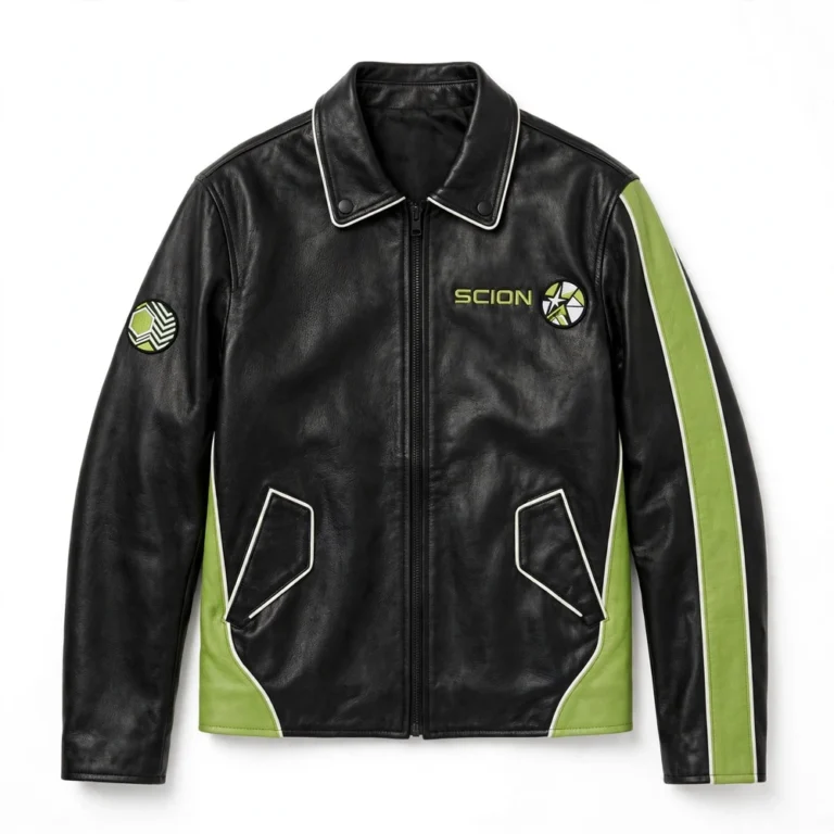 Scion Leather Jacket front view, black with lime-green panels and white trim cruiser jacket