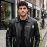 Model wearing the Scion Leather Jacket, black with lime-green panels and white trim cruiser jacket