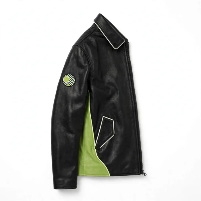 Scion Leather Jacket side view, black with lime-green panels and white trim cruiser jacket