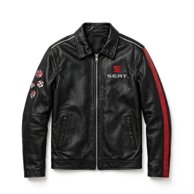 Seat Leather Jacket front view, black with red and silver stripes racer jacket