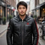 Model wearing the Seat Leather Jacket, black with red and silver stripes racer jacket