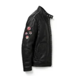 Seat Leather Jacket side view, black with red and silver stripes racer jacket