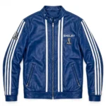 Shelby Leather Jacket front view, racing blue with white twin stripes racer jacket