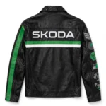 Skoda Leather Jacket back view, black with rally-green and white stripes racer jacket