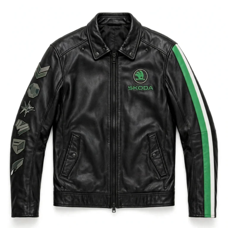 Skoda Leather Jacket front view, black with rally-green and white stripes racer jacket