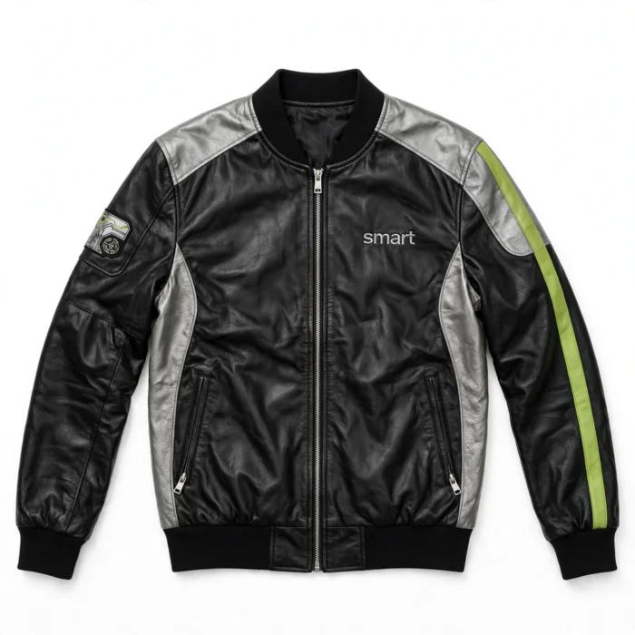 Smart Leather Jacket | City Compact Bomber | Blackstone Jackets - Front View Smart Leather Jacket front view, black with silver-grey panels and a lime accent stripe bomber jacket