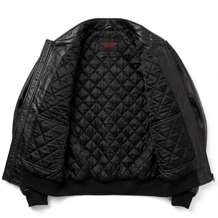 Smart Leather Jacket inner lining view, quilted black satin lining