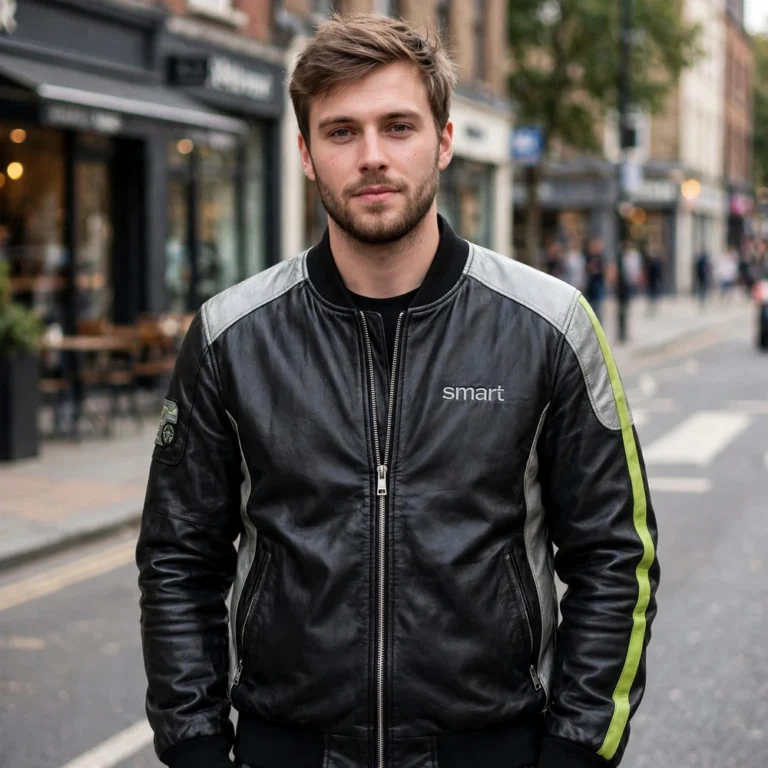 Model wearing the Smart Leather Jacket, black with silver-grey panels and a lime accent stripe bomber jacket