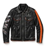 Spyker Leather Jacket front view, black with Dutch-orange accents and silver trim racer jacket