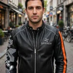 Model wearing the Spyker Leather Jacket, black with Dutch-orange accents and silver trim racer jacket