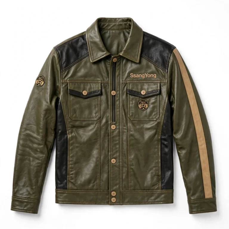 SsangYong Leather Jacket front view, olive green with black panels and sand-tan accents trucker jacket
