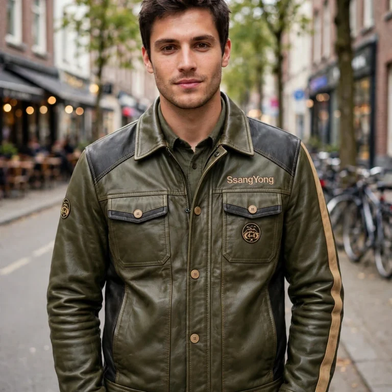 Model wearing the SsangYong Leather Jacket, olive green with black panels and sand-tan accents trucker jacket