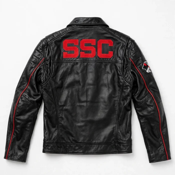SSC Leather Jacket back view, black with red accents racer jacket