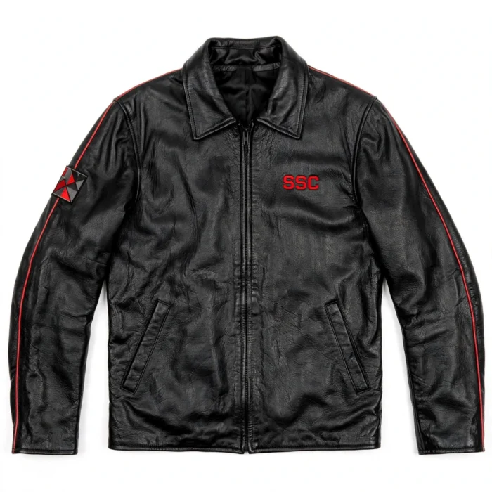 SSC Leather Jacket front view, black with red accents racer jacket