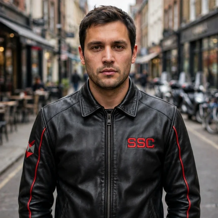 Model wearing the SSC Leather Jacket, black with red accents racer jacket