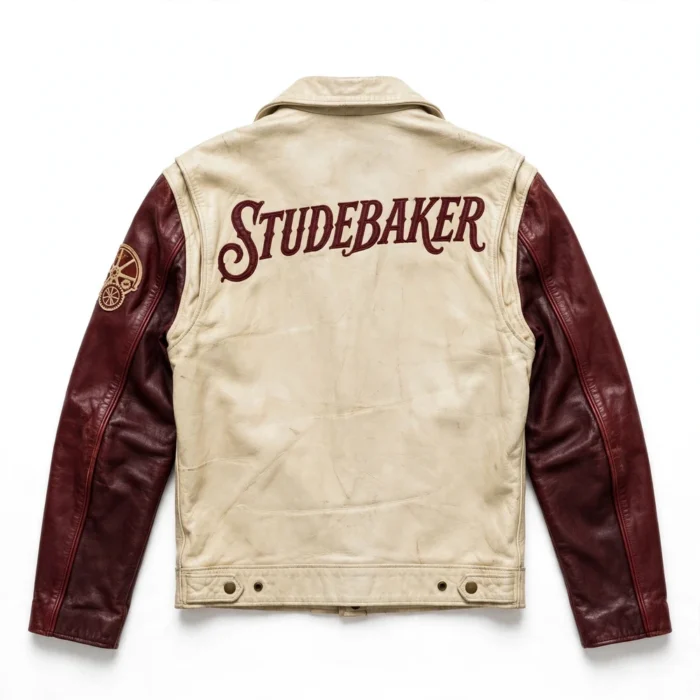 Studebaker Leather Jacket back view, cream-and-burgundy two-tone with vintage script chest lettering vintage cruiser jacket
