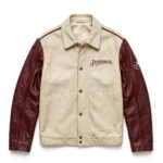 Studebaker Leather Jacket front view, cream-and-burgundy two-tone with vintage script chest lettering vintage cruiser jacket