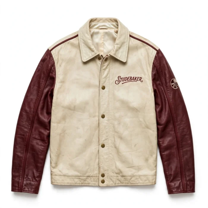 Studebaker Leather Jacket front view, cream-and-burgundy two-tone with vintage script chest lettering vintage cruiser jacket
