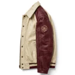 Studebaker Leather Jacket side view, cream-and-burgundy two-tone with vintage script chest lettering vintage cruiser jacket