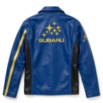 Subaru Leather Jacket back view, rally blue with gold star-cluster embroidery and black panels racer jacket