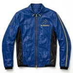 Subaru Leather Jacket front view, rally blue with gold star-cluster embroidery and black panels racer jacket