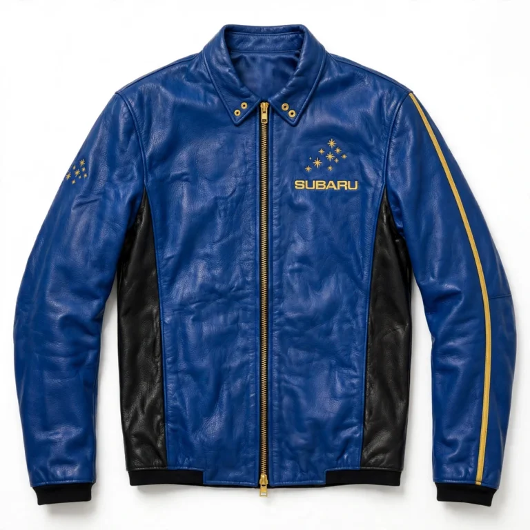 Subaru Leather Jacket front view, rally blue with gold star-cluster embroidery and black panels racer jacket