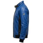 Subaru Leather Jacket side view, rally blue with gold star-cluster embroidery and black panels racer jacket