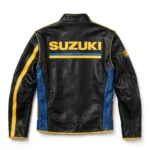 Suzuki Leather Jacket back view, black with blue panels and yellow trim racer jacket