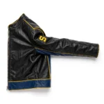 Suzuki Leather Jacket side view, black with blue panels and yellow trim racer jacket