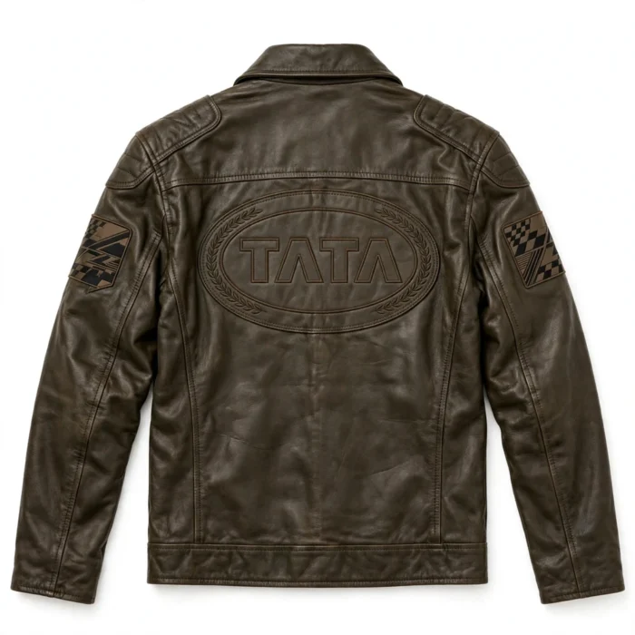 Tata Leather Jacket back view, dark olive-brown leather jacket with large 'tata' text with oval emblem embroidered across the back