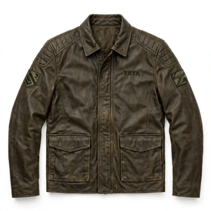 Tata Leather Jacket front view, dark olive-brown leather jacket with dark 'tata' wordmark embroidered on the left chest