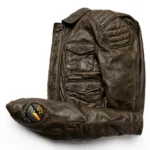 Tata Leather Jacket side view, dark olive-brown leather jacket
