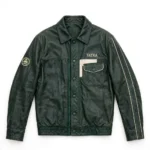 Tatra Leather Jacket front view, dark green with cream panels vintage cruiser jacket
