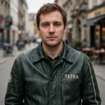 Model wearing the Tatra Leather Jacket, dark green with cream panels vintage cruiser jacket