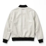 Tesla Leather Jacket back view, pearl-white with black minimalist trim minimalist bomber jacket