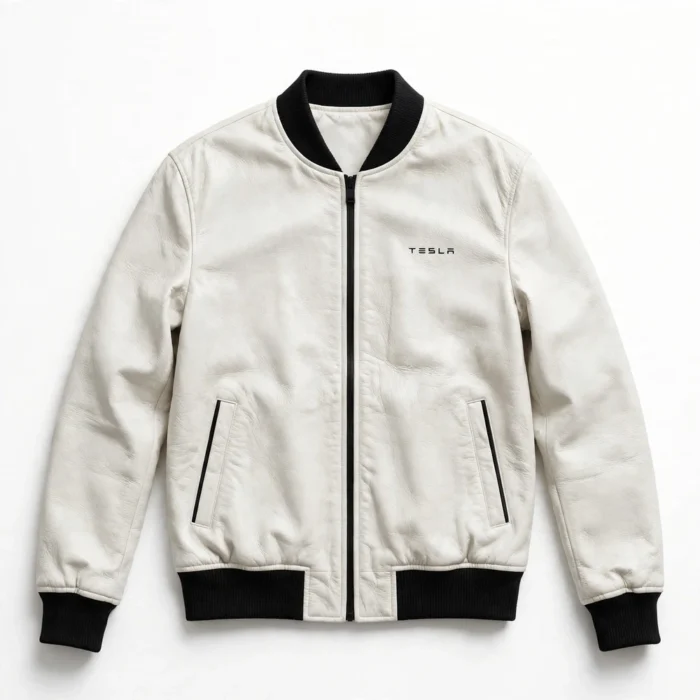 Tesla Leather Jacket front view, pearl-white with black minimalist trim minimalist bomber jacket