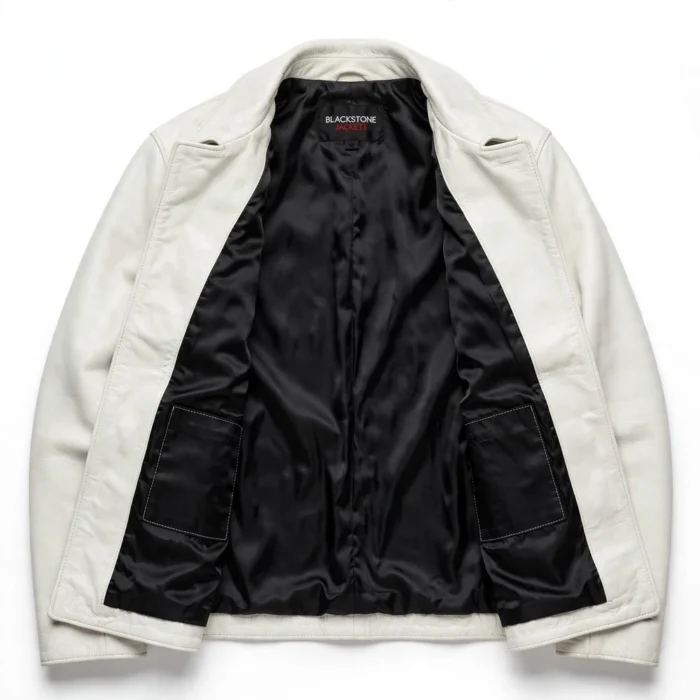 Tesla Leather Jacket inner lining view, black smooth satin lining