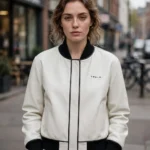Model wearing the Tesla Leather Jacket, pearl-white with black minimalist trim minimalist bomber jacket