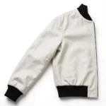 Tesla Leather Jacket side view, pearl-white with black minimalist trim minimalist bomber jacket