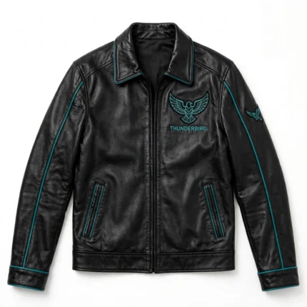 Thunderbird Leather Jacket front view, black with teal accents and bird-style chest emblem cruiser jacket
