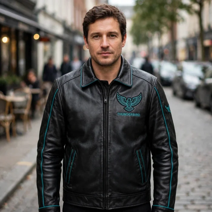 Model wearing the Thunderbird Leather Jacket, black with teal accents and bird-style chest emblem cruiser jacket