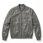 Togg Leather Jacket front view, stone grey leather jacket with small dark-grey 'togg' wordmark embroidered on the left chest